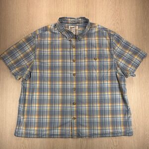 Duluth Trading Co Untucked Plaid Shirt Mens 2XL Relaxed Fit Blue Orange Cotton